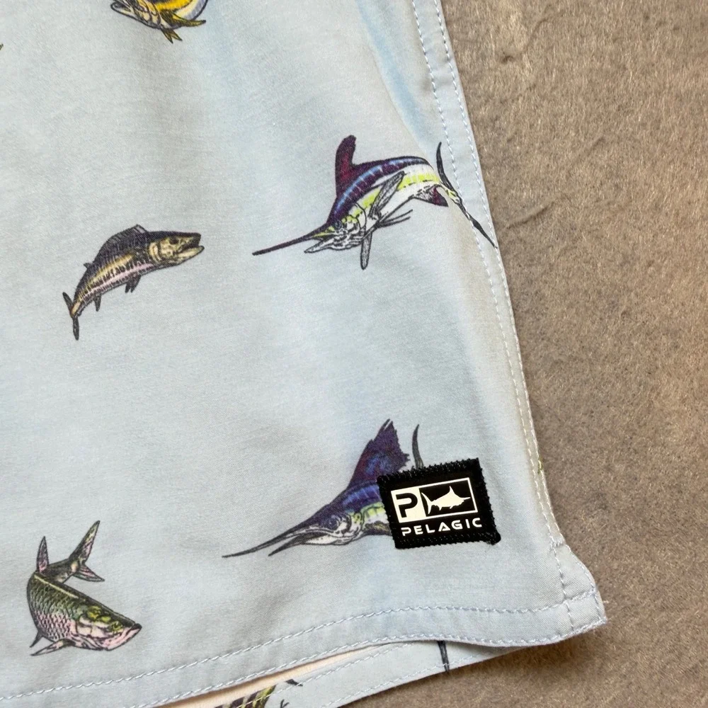 Pelagic Mens XL Light Blue Fish‎ Print Fishing Shorts 34x7 Stretch Marlin Tuna